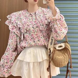 Pink Floral Ruffle Blouse